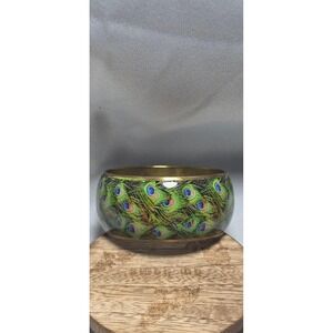 Vintage Brass Peacock Feather Bangle Bracelet Green Blue Gold Tone Statement